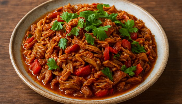 Vibrant vegetarian Cuban Ropa Vieja with shredded jackfruit, spicy sauce, and fresh greens garnish.
