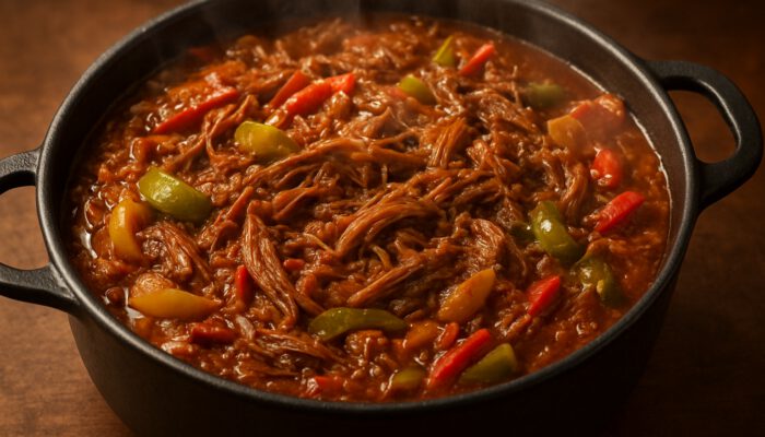Steaming pot of Cuban Ropa Vieja with tender shredded beef, spices, onions, and peppers.