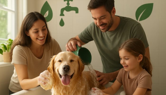 Family bathing golden retriever in sunlit bathroom, using bucket and sponge for water conservation with eco icons.