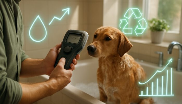 Pet owner tracking water usage during dog's bath with digital meter, holographic graphs, and eco-friendly symbols.