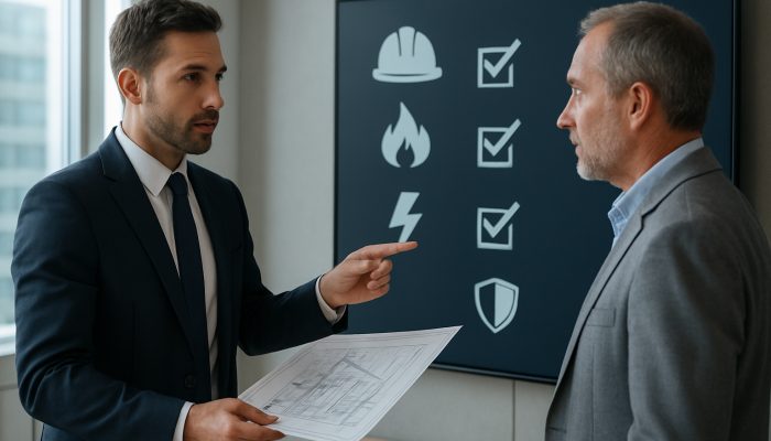 Talking to a Broker about Safer Structures: Essential Tips | DCL Broker in suit discussing modern building blueprints and safety tips with client.