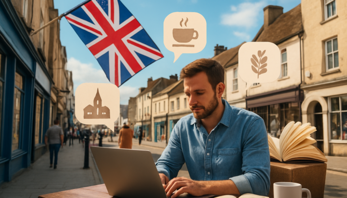 Small business owner in Melksham at laptop, surrounded by cultural symbols, SEO keywords, and storybook pages under British flag.