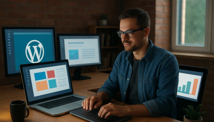 Tech-savvy owner in Melksham office, surrounded by screens showing WordPress, Canva, Grammarly, Buffer, and Google Analytics.