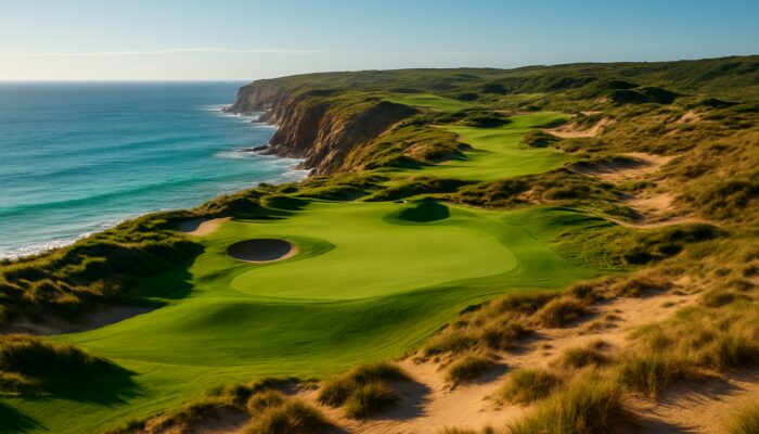 Ernie Els-designed golf course in Western Cape, South Africa, featuring lush fairways, coastal cliffs, and stunning ocean vistas.