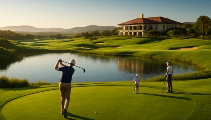 Lush Oubaai Golf Club course featuring immaculate greens, sparkling hazards, players teeing off, and an impressive clubhouse.