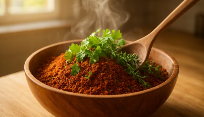 Homemade suya spice mix in wooden bowl with fresh coriander and thyme, stirring in sunlit kitchen.