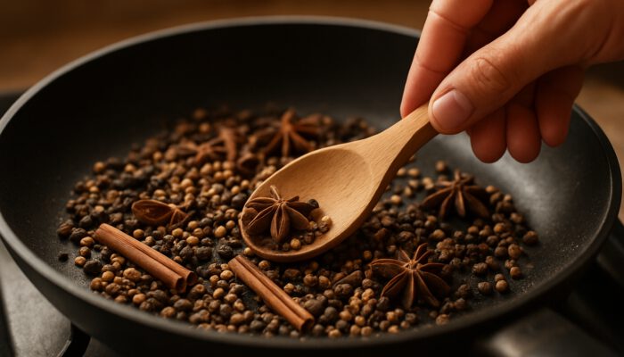 Hand stirring whole spices in a dry skillet for professional suya mix preparation.