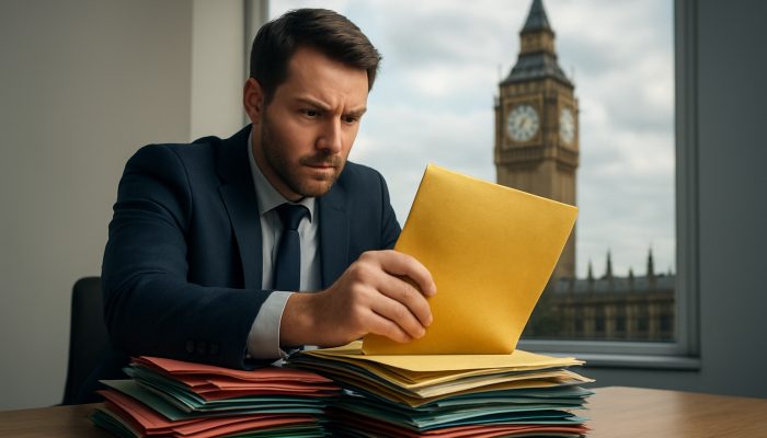 Merging Debts While Rates Are Going Up: Key Strategies for Success | DCL Determined person consolidating colorful debt bills into golden loan in London office, with Big Ben.