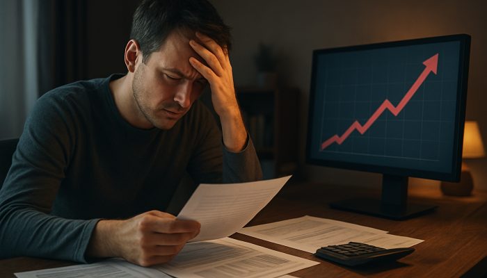 Merging Debts While Rates Are Going Up: Key Strategies for Success | DCL Stressed UK borrower sorting financial documents and rising interest rate graphs at home desk.