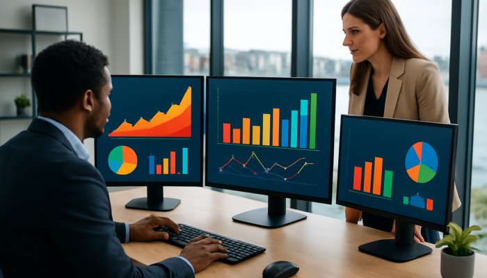 Small business owners in a modern Poole office analyse vibrant social media dashboards with rising engagement and conversion graphs.