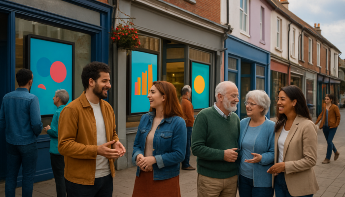 Vibrant Poole street with small shops displaying digital polls, locals in lively discussions fostering community spirit.