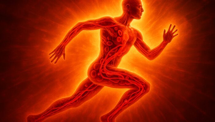 Vibrant human figure radiating energy with glowing red blood cells, symbolising iron's boost to stamina and focus.