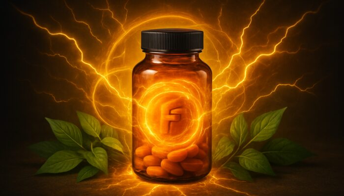 Vibrant iron supplement bottle glowing with golden energy, lightning, and greenery for boosted vitality.