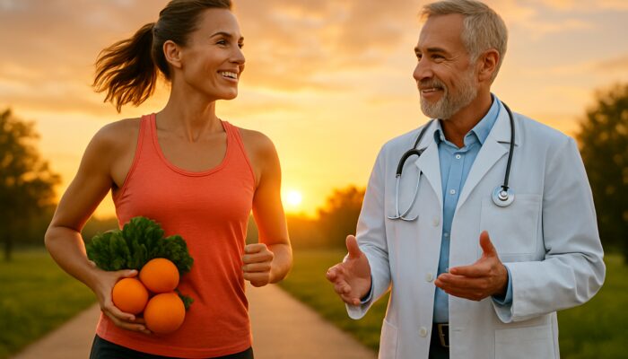 Healthy person jogging at dawn, holding oranges and spinach, with doctor advising for iron absorption and energy boost.