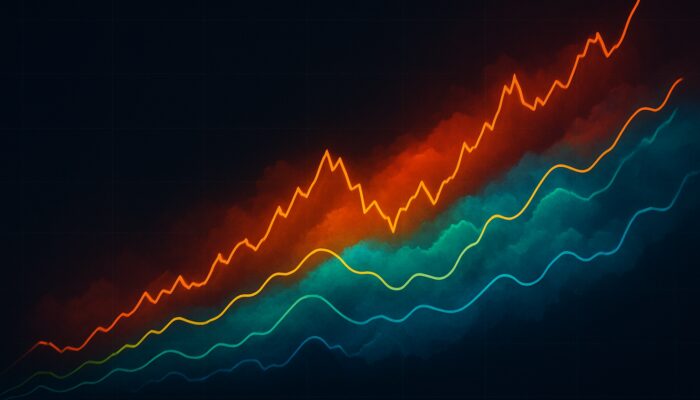 Ichimoku Cloud financial chart: five intertwined lines in colourful shaded formation, showing market trends and momentum.