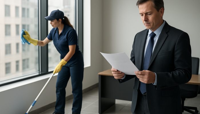 Professional cleaner scrubbing Ilchester office floors and windows while owner reviews invoice costs.