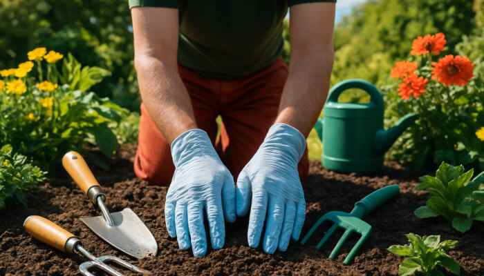 Worker in Brentwood gardening with lightweight protective gloves, surrounded by tools and vibrant plants in sunny UK garden.