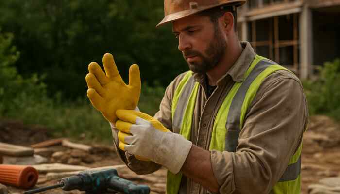 Rugged worker tests reinforced polythene gauntlet gloves on tools in Brentwood construction site with supplies and greenery.
