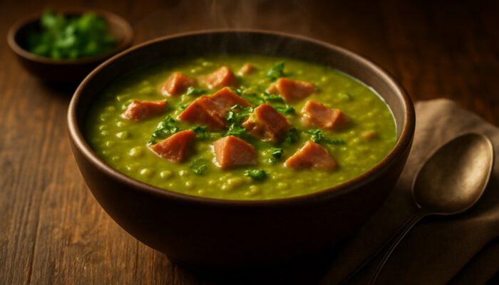 Bowl of vibrant green split pea soup with smoked ham, herbs, on rustic wooden table.