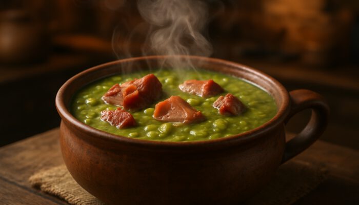 Rustic pot of steaming split pea soup with smoked ham hock in a cozy kitchen.