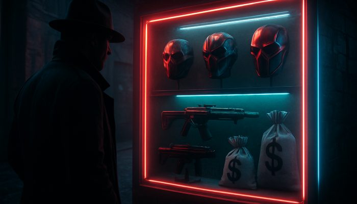 Shadowy detective examines new Payday-style tactical masks, weapons, and money bags under neon lights.