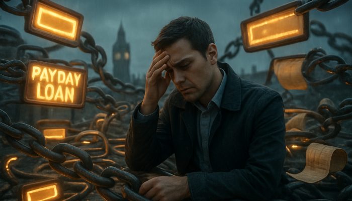 Stressed UK borrower navigating payday loan maze with high interest chains under rainy London sky.