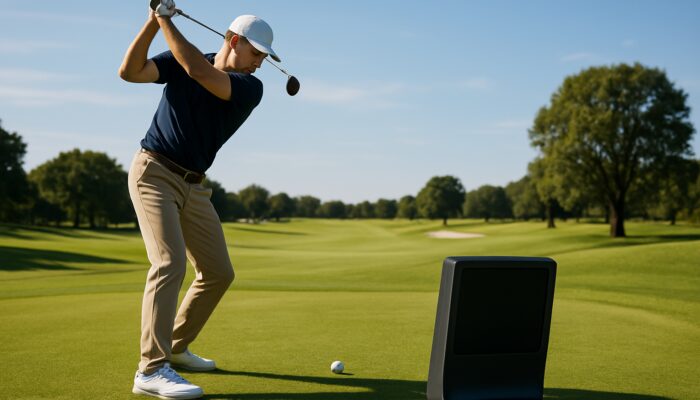 Golfer swinging club on lush Gauteng fairway, with launch monitor displaying ball speed and spin rate data.