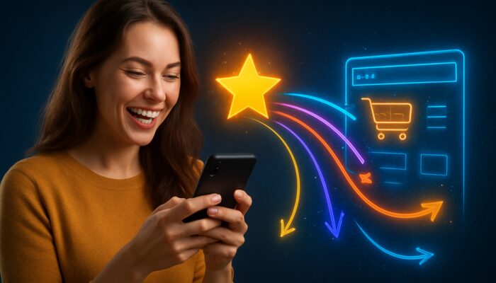 Happy customer on smartphone posting review, with vibrant links to bustling e-commerce site symbolising SEO growth.