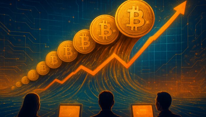 Surging golden Bitcoin coins on vibrant digital graph, with excited investors and glowing circuits.