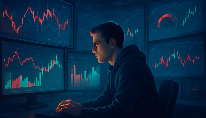 Focused crypto trader in high-tech lair, viewing volatile charts, news alerts, and sentiment gauges.