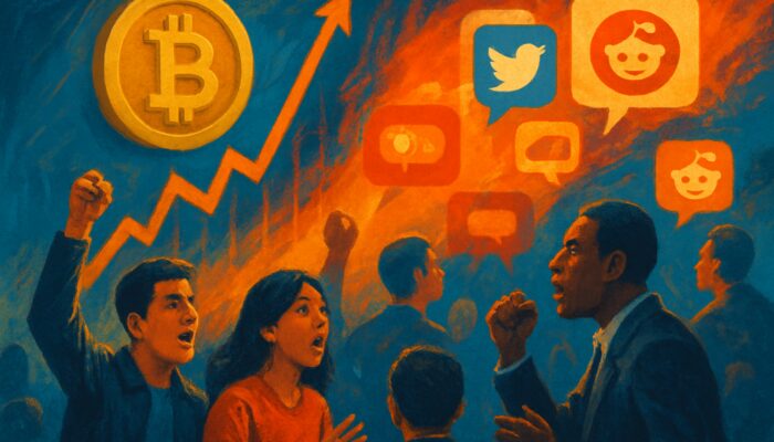 Surging Bitcoin charts amid buzzing social media feeds and reacting virtual traders.