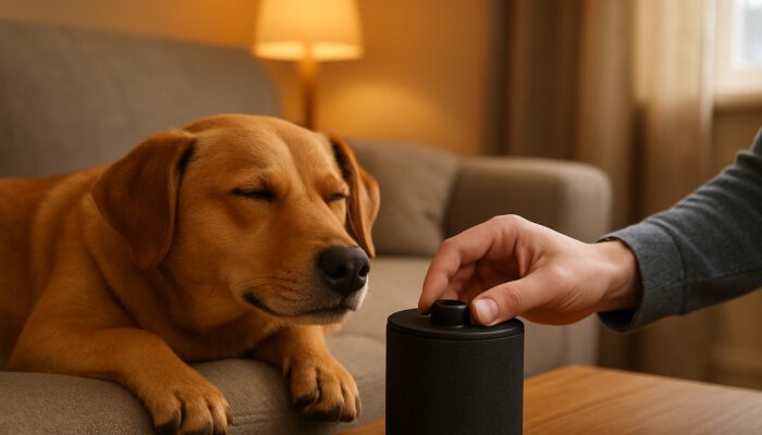 Dog calmly listening to sounds of fireworks as owner adjusts speaker in a cosy living room.