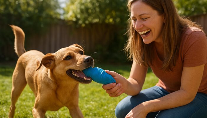 Playful dog tugging at a treat-dispensing toy with a smiling owner in a sunny backyard.