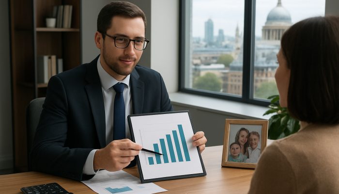Financial advisor in modern London office reviewing debt charts and family photos with client.