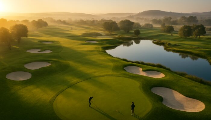 Aerial view of Maccauvlei Golf Club's dawn courses with lush fairways, bunkers, and teeing golfers.