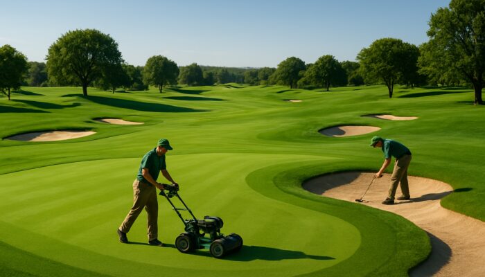 Meticulously maintained Maccauvlei Golf Club greens, fairways, and bunkers under clear sky.