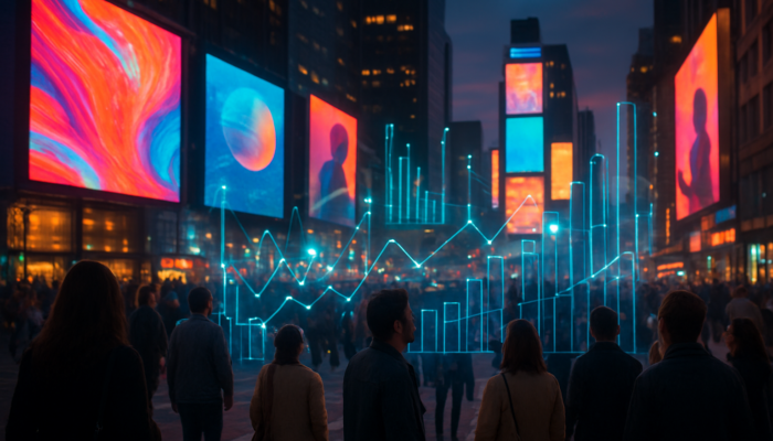 Bustling urban street at dusk with digital billboards, crowds engaging ads, and holographic real-time metrics overlay.