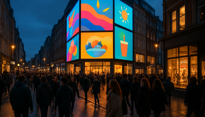 Bustling UK city street at dusk with digital billboards advertising small businesses, drawing crowds.