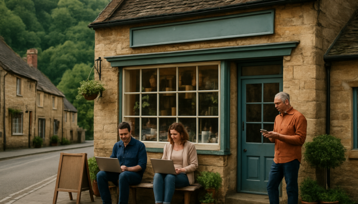 Small business owners in Coleford using laptops and smartphones at a historic shop, surrounded by forests, for digital marketing.