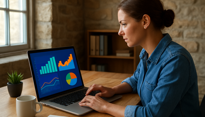 Marketer analysing Google Analytics dashboard with UK traffic graphs, rising ROI charts, and conversion rates in Coleford office.