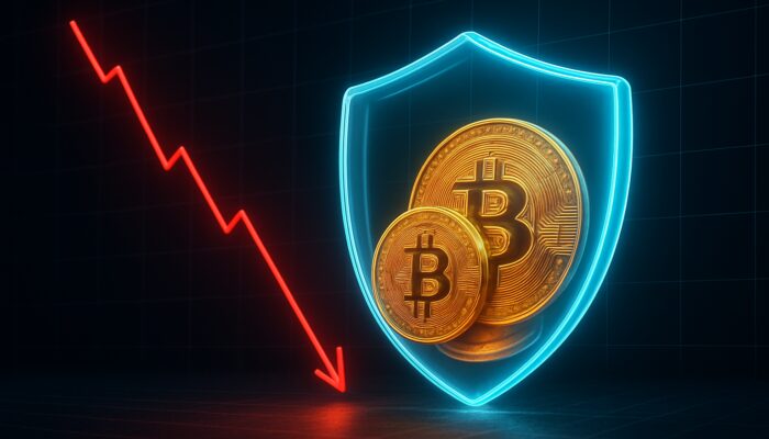 Red stop-loss line on a declining Bitcoin chart, with glowing coins protected by a barrier.