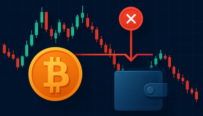 Bitcoin price chart with red stop-loss line activating sell order during volatile crypto trading.