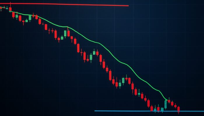 Stock chart displaying red stop-loss, green trailing stop, and blue limit lines during rapid market decline.