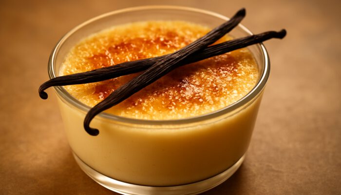 Creamy vanilla bean custard in a glass bowl, garnished with fresh pods and golden caramelized top.