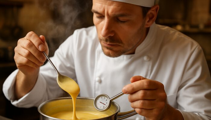 Chef stirring golden custard in saucepan, monitoring 82°C thermometer as steam rises.