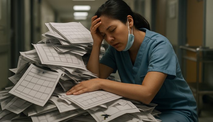 Holiday Balances Sitting on Cards for Years: Maximise Them | DCL Exhausted healthcare worker in scrubs buried under overflowing calendars and unused vacation tickets in chaotic hospital.