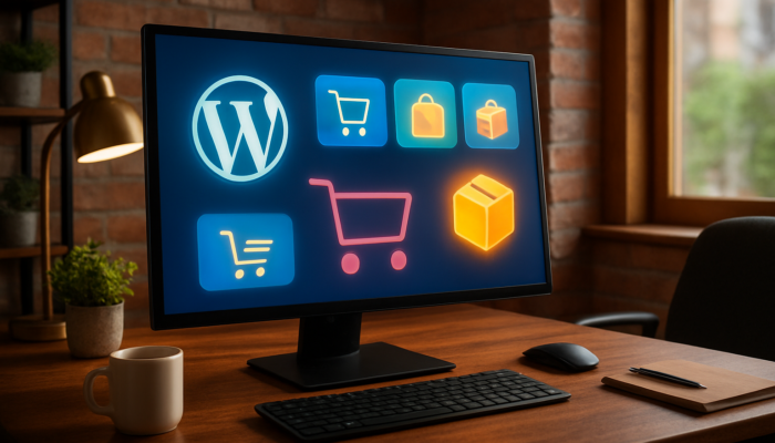 Vibrant WordPress dashboard in Bridport office, showcasing WooCommerce e-commerce icons and shopping carts.