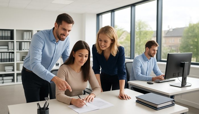Modern office in Yeovil showcasing immaculate desks, organised files, and focused employees benefiting from natural light.
