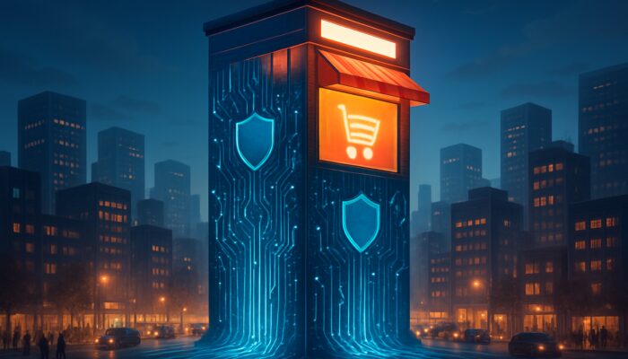 Glowing digital pillar with server circuits and security shields supporting vibrant e-commerce store.
