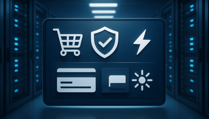E-commerce dashboard with server racks, shopping carts, and secure payment icons for reliable hosting support.